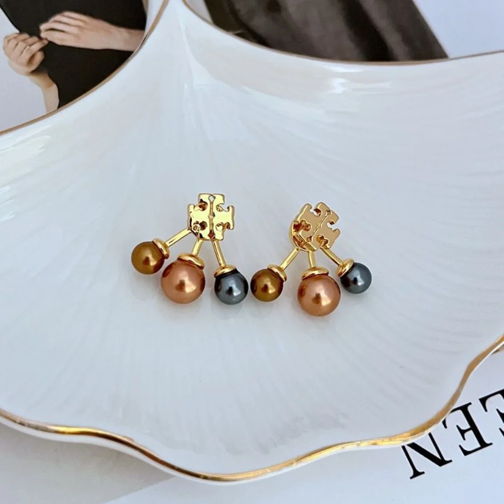 Tory Burch Gold and Brown Dangle 3 Pearl Earrings